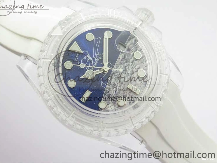 MiroTime 0129 Durable Submariner Phantomlab Transparent KZF Best Edition Blue Moon Dial on White Rubber Strap VR 2564